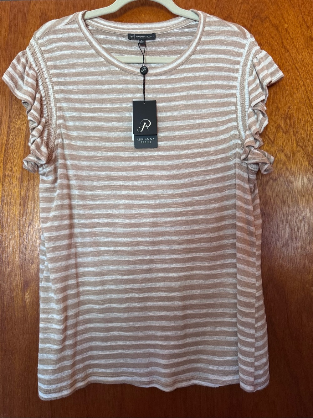 Adrianna Papell Cream & Tan Striped Ruffle Sleeve Tee